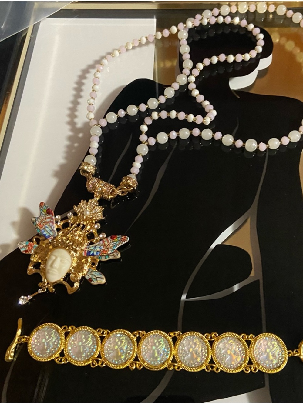Whimsical Lot- Irridescent Cameo Bracelet- Face Pendant with Milk Glass Necklace